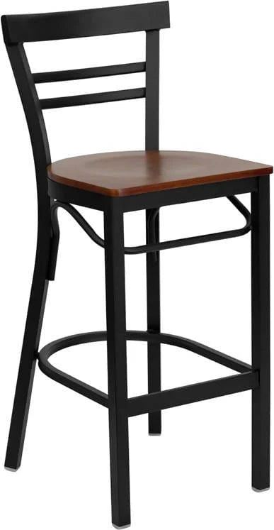 HERCULES Series Black Two-Slat Ladder Back Metal Restaurant Barstool - Cherry Wood Seat [XU-DG6R9BLAD-BAR-CHYW-GG] Pie's Variety Store