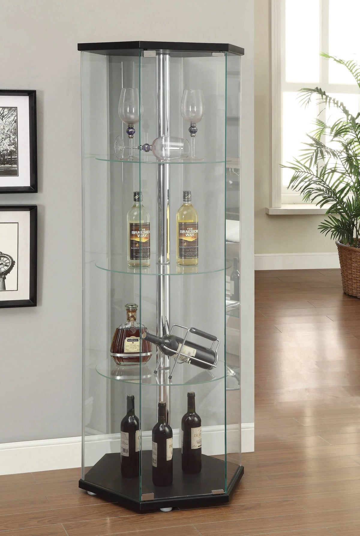 4-Shelf Hexagon Shaped Curio Cabinet Black And Clear Display favorite decor on a trio of round glass shelves.- 950276 Pie's Variety Store