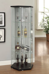 4-Shelf Hexagon Shaped Curio Cabinet Black And Clear Display favorite decor on a trio of round glass shelves.- 950276 Pie's Variety Store