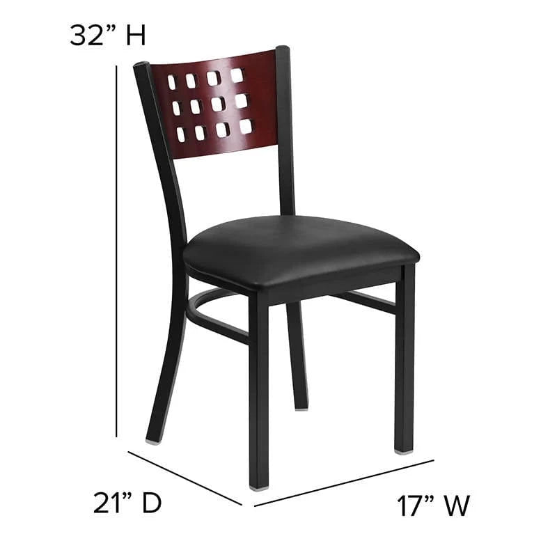 HERCULES Series Black Cutout Back Metal Restaurant Chair - Mahogany Wood Back