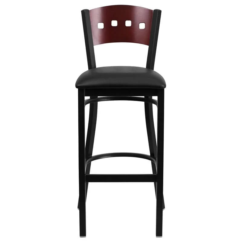 HERCULES Series Black 4 Square Back Metal Restaurant Barstool - Mahogany Wood Back