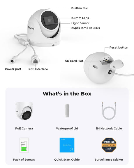 (Hikvision Compatible) H.VIEW 5MP Outdoor POE Camera Dome Turret IP Security Camera, 100ft IR Night Vision, 2.8mm Fixed lens, H.265+ IP PoE Outdoor Camera, RTSP,RTMP WDR,Support SD Card H.VIEW