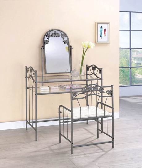 2-Piece Metal Vanity Set With Glass Top -highlights any bedroom decor - Pewter And Ivory - 2734 coastmega