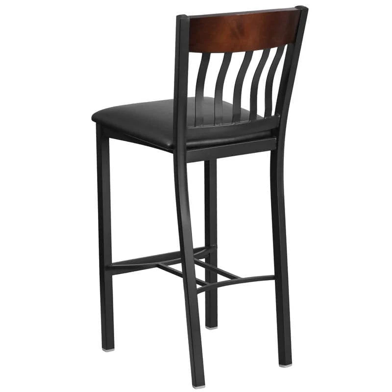 Eclipse Series Vertical Back Black Metal and Cherry Wood Restaurant Barstool with Black Vinyl Seat [XU-DG-60618B-CHY-BLKV-GG] Pie's Variety Store
