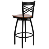 HERCULES Series Black ''X'' Back Swivel Metal Barstool - Cherry Wood Seat [XU-6F8B-XSWVL-CHYW-GG] Pie's Variety Store