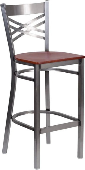 HERCULES Series Clear Coated ''X'' Back Metal Restaurant Barstool - Cherry Wood Seat [XU-6F8B-CLR-BAR-CHYW-GG] Pie's Variety Store