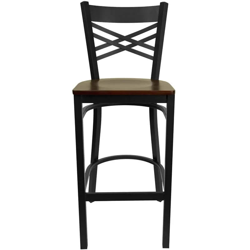 HERCULES Series Black ''X'' Back Metal Restaurant Barstool - Cherry Wood Seat [XU-6F8BXBK-BAR-CHYW-GG] Pie's Variety Store