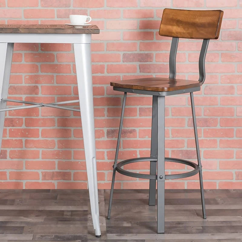 Flint Series Rustic Walnut Restaurant Barstool with Wood Seat & Back and Gray Powder Coat Frame [XU-DG-60582B-GG] Pie's Variety Store