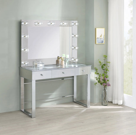 3-Drawer Vanity With Lighting Chrome And White with a Hollywood regency flair