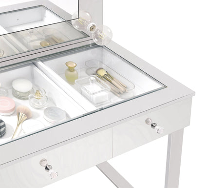 3-Drawer Vanity With Lighting Chrome And White with a Hollywood regency flair