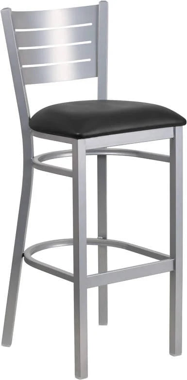 HERCULES Series Silver Slat Back Metal Restaurant Barstool - Black Vinyl Seat [XU-DG-60402-BAR-BLKV-GG] Pie's Variety Store