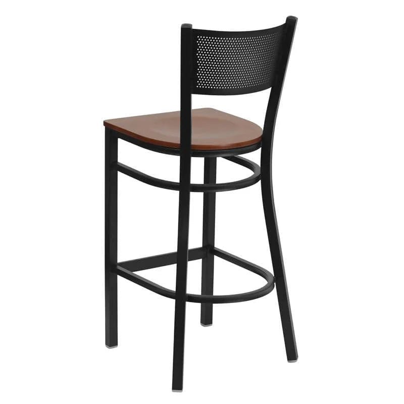 HERCULES Series Black Grid Back Metal Restaurant Barstool - Cherry Wood Seat [XU-DG-60116-GRD-BAR-CHYW-GG] Pie's Variety Store