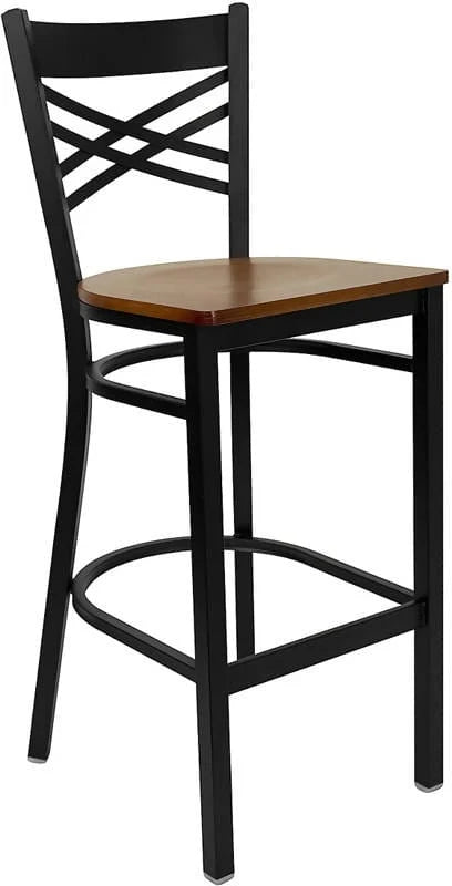 HERCULES Series Black ''X'' Back Metal Restaurant Barstool - Cherry Wood Seat [XU-6F8BXBK-BAR-CHYW-GG] Pie's Variety Store