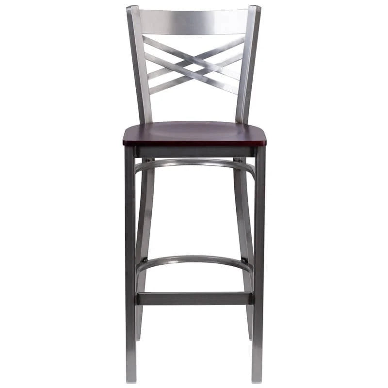 HERCULES Series Clear Coated ''X'' Back Metal Restaurant Barstool - Cherry Wood Seat [XU-6F8B-CLR-BAR-CHYW-GG] Pie's Variety Store