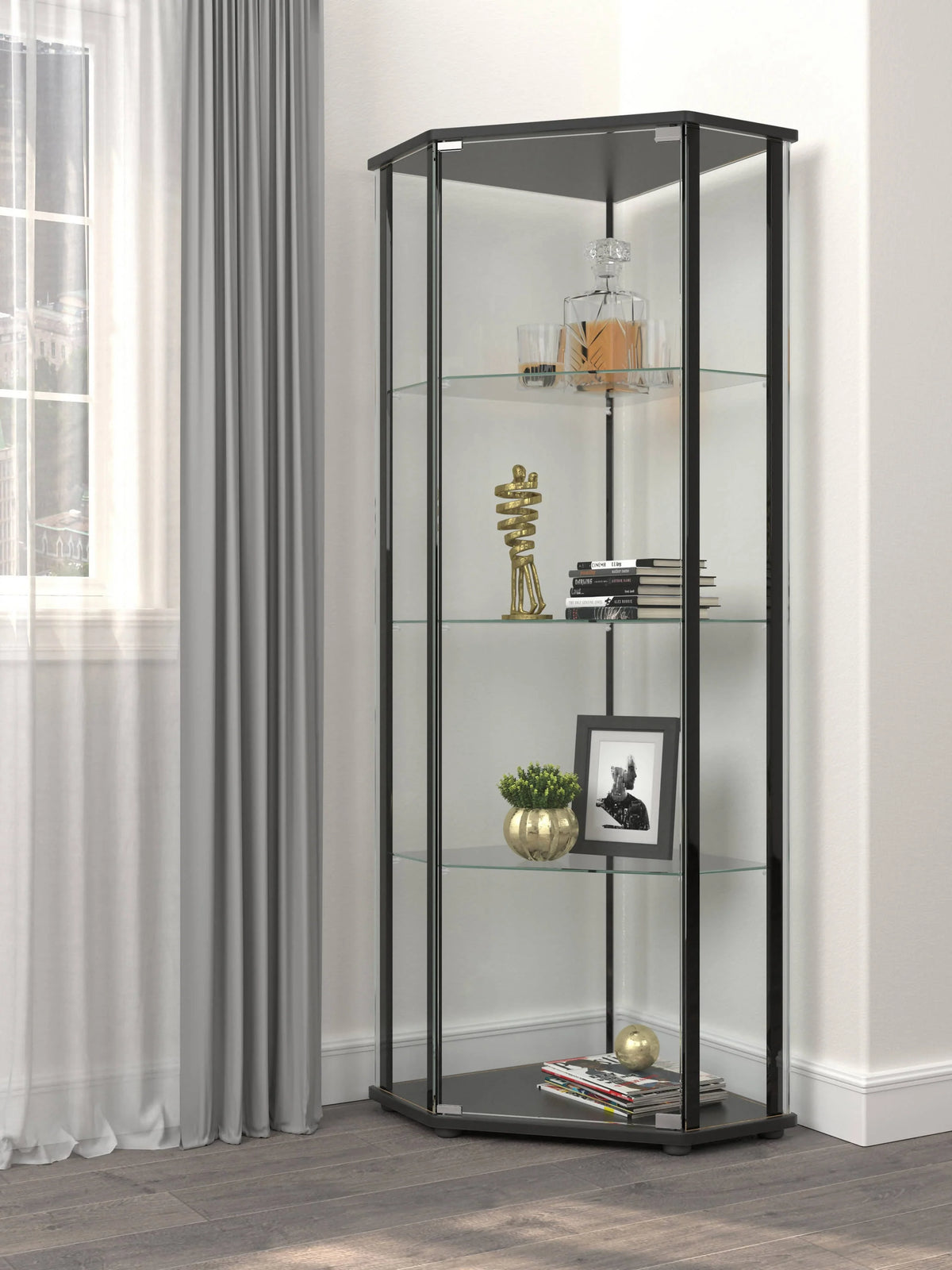 Glass Shelf Curio Cabinet Clear And Black One clear tempered glass door provides simple access to your keepsakes - 953234 Pie's Variety Store