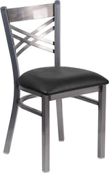 HERCULES Series Clear Coated ''X'' Back Metal Restaurant Chair - Black Vinyl Seat [XU-6FOB-CLR-BLKV-GG] Pie's Variety Store