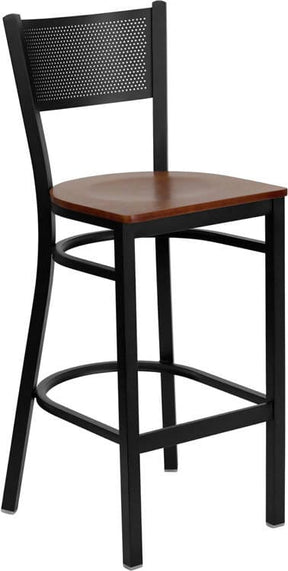 HERCULES Series Black Grid Back Metal Restaurant Barstool - Cherry Wood Seat [XU-DG-60116-GRD-BAR-CHYW-GG] Pie's Variety Store