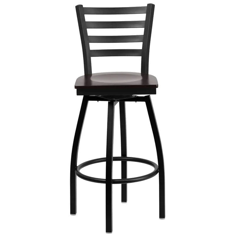 HERCULES Series Black Ladder Back Swivel Metal Barstool - Cherry Wood Seat [XU-6F8B-LADSWVL-CHYW-GG] Pie's Variety Store