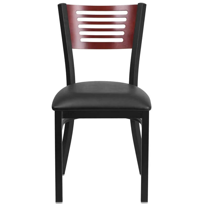 HERCULES Series Black Slat Back Metal Restaurant Chair - Mahogany Wood Back