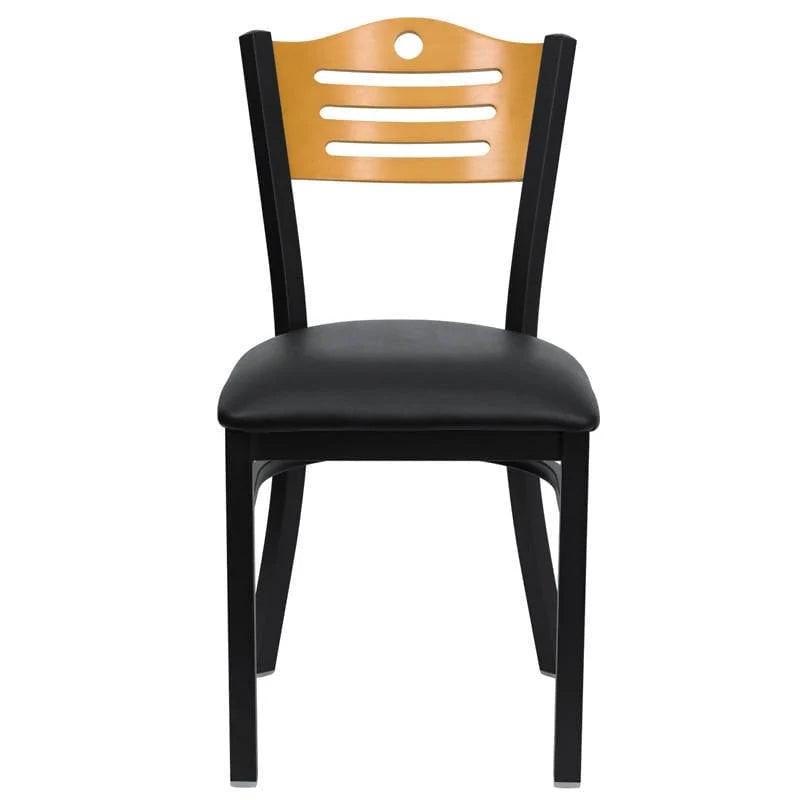 HERCULES Series Black Slat Back Metal Restaurant Chair - Natural Wood Back
