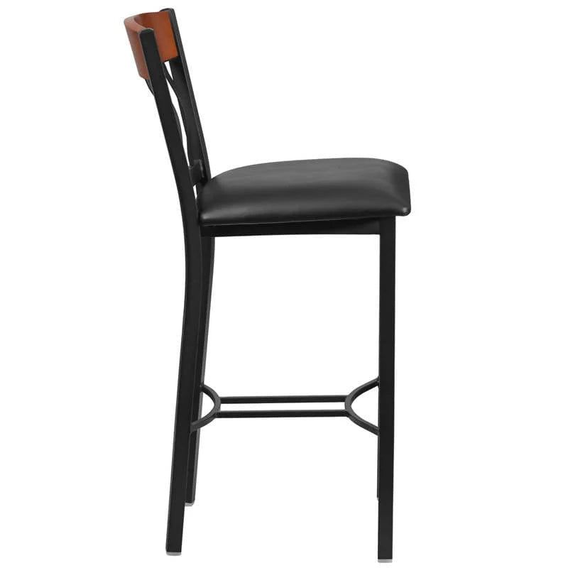 Eclipse Series Vertical Back Black Metal and Cherry Wood Restaurant Barstool with Black Vinyl Seat [XU-DG-60618B-CHY-BLKV-GG] Pie's Variety Store