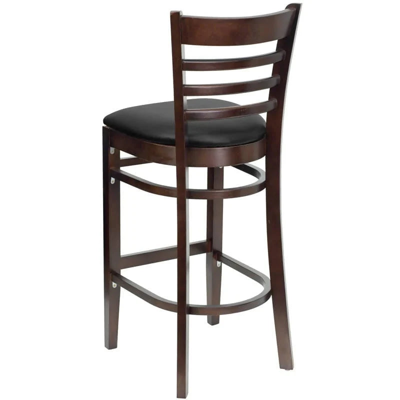 HERCULES Series Ladder Back Walnut Wood Restaurant Barstool - Black Vinyl Seat [XU-DGW0005BARLAD-WAL-BLKV-GG] Pie's Variety Store