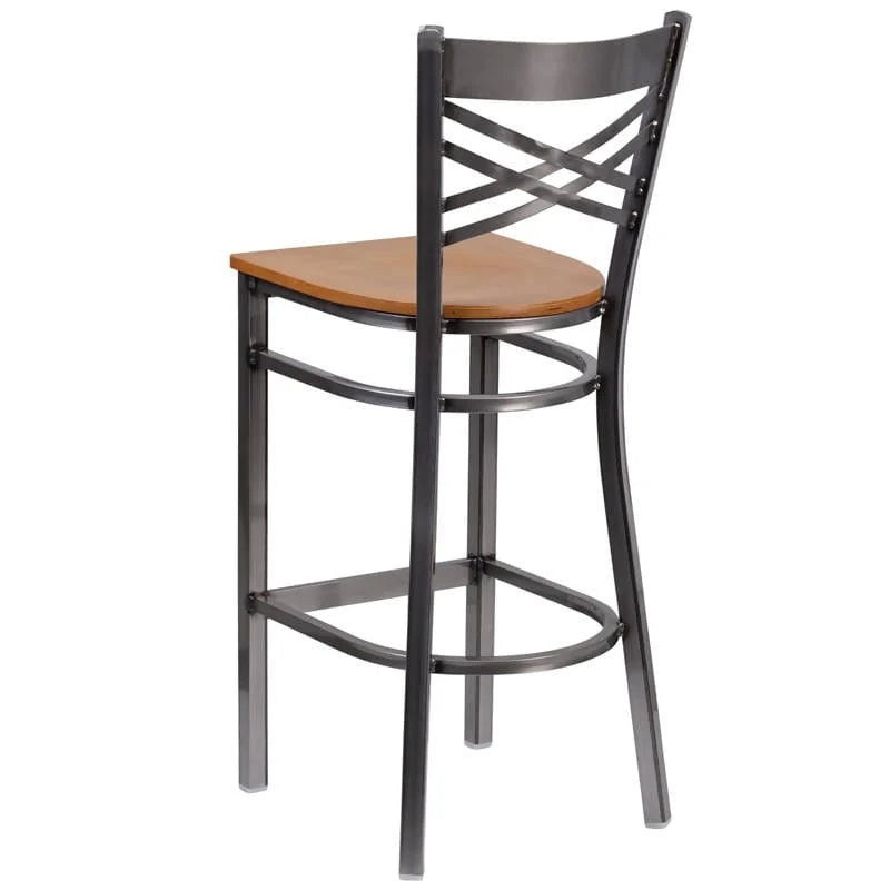 HERCULES Series Clear Coated ''X'' Back Metal Restaurant Barstool - Cherry Wood Seat [XU-6F8B-CLR-BAR-CHYW-GG] Pie's Variety Store