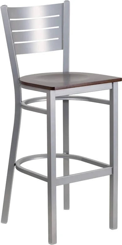 HERCULES Series Silver Slat Back Metal Restaurant Barstool - Cherry Wood Seat [XU-DG-60402-BAR-CHYW-GG] Pie's Variety Store