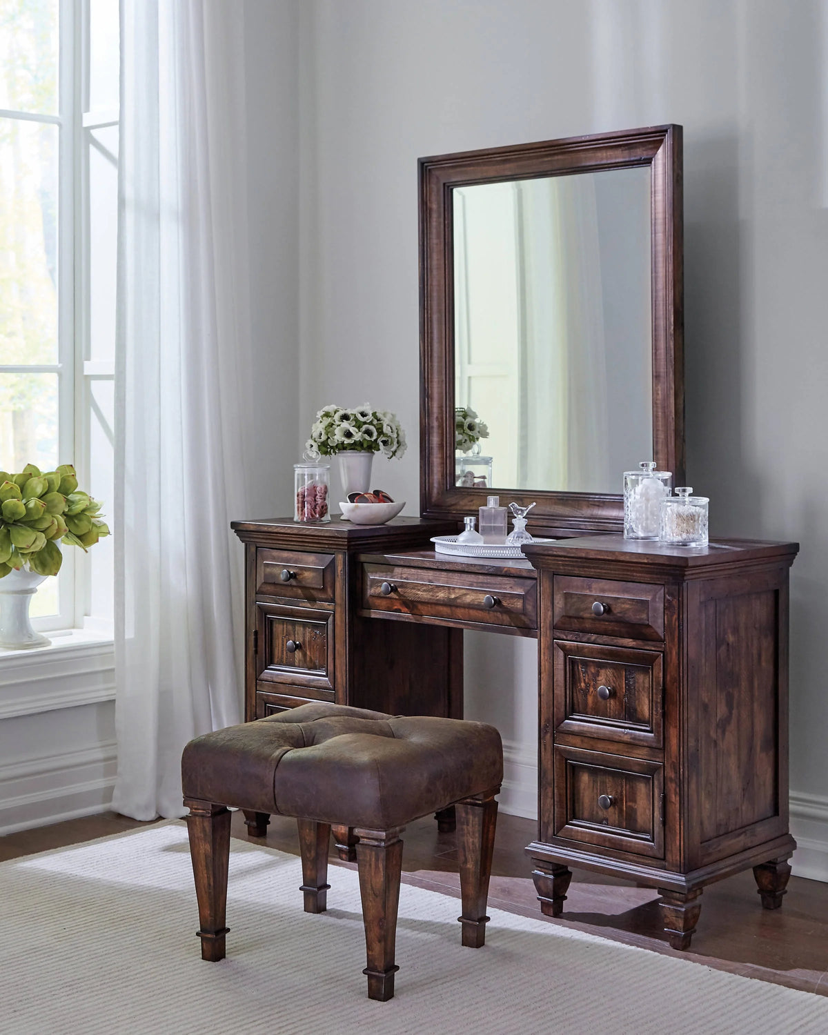 Avenue Upholstered Tufted Vanity Stool Weathered Burnished Brown It features a rich weathered burnished brown finish with wood grain details. - 223039 coastmega
