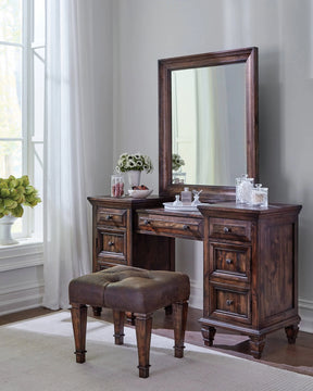 Avenue Upholstered Tufted Vanity Stool Weathered Burnished Brown It features a rich weathered burnished brown finish with wood grain details. - 223039 coastmega