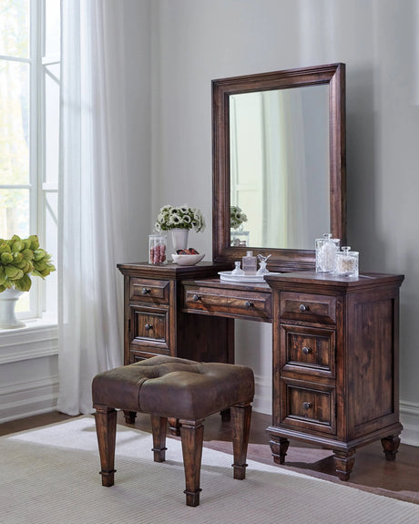 Avenue Upholstered Tufted Vanity Stool Weathered Burnished Brown It features a rich weathered burnished brown finish with wood grain details. - 223039 coastmega