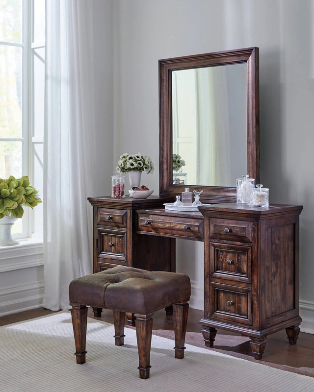 Avenue Upholstered Tufted Vanity Stool Weathered Burnished Brown It features a rich weathered burnished brown finish with wood grain details. - 223039 coastmega