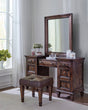 Avenue Upholstered Tufted Vanity Stool Weathered Burnished Brown It features a rich weathered burnished brown finish with wood grain details. - 223039 coastmega