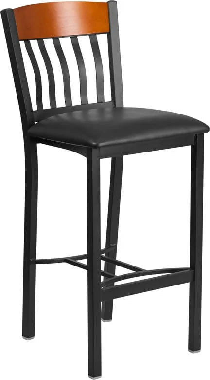 Eclipse Series Vertical Back Black Metal and Cherry Wood Restaurant Barstool with Black Vinyl Seat [XU-DG-60618B-CHY-BLKV-GG] Pie's Variety Store
