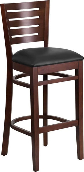 Darby Series Slat Back Walnut Wood Restaurant Barstool - Black Vinyl Seat [XU-DG-W0108BBAR-WAL-BLKV-GG] Pie's Variety Store