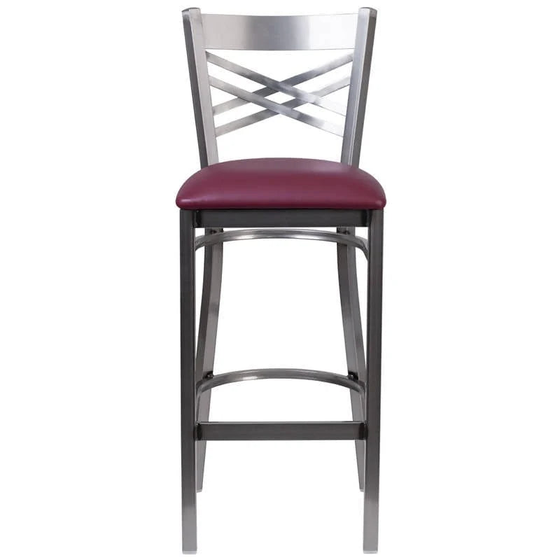 HERCULES Series Clear Coated ''X'' Back Metal Restaurant Barstool - Black Vinyl Seat [XU-6F8B-CLR-BAR-BLKV-GG] Pie's Variety Store