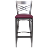 HERCULES Series Clear Coated ''X'' Back Metal Restaurant Barstool - Black Vinyl Seat [XU-6F8B-CLR-BAR-BLKV-GG] Pie's Variety Store