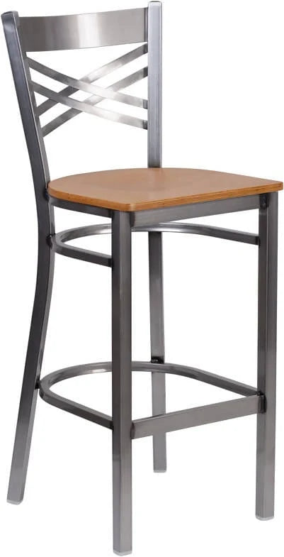 HERCULES Series Clear Coated ''X'' Back Metal Restaurant Barstool - Cherry Wood Seat [XU-6F8B-CLR-BAR-CHYW-GG] Pie's Variety Store