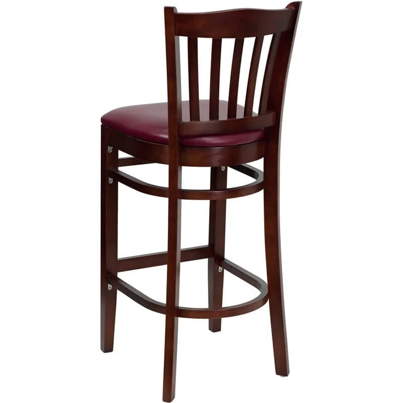 HERCULES Series Vertical Slat Back Mahogany Wood Restaurant Barstool - Black Vinyl Seat [XU-DGW0008BARVRT-MAH-BLKV-GG] Pie's Variety Store