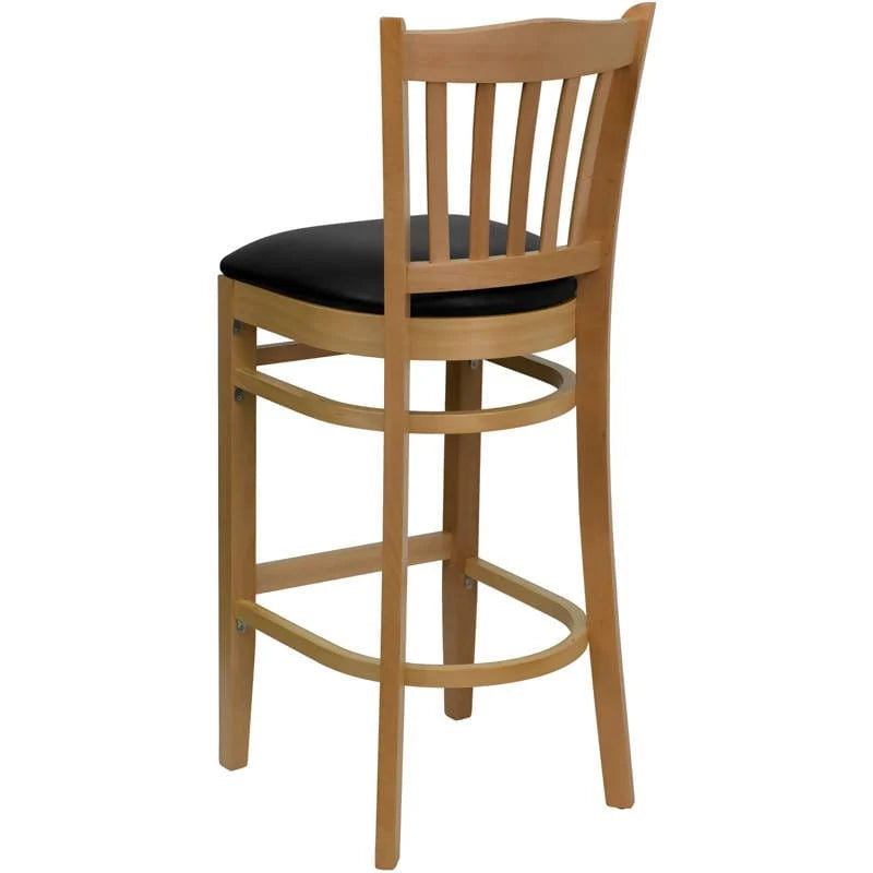 HERCULES Series Vertical Slat Back Natural Wood Restaurant Barstool - Black Vinyl Seat [XU-DGW0008BARVRT-NAT-BLKV-GG] Pie's Variety Store