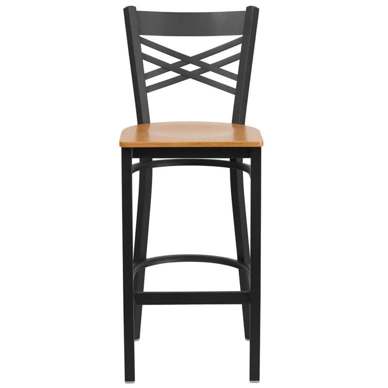 HERCULES Series Black ''X'' Back Metal Restaurant Barstool - Cherry Wood Seat [XU-6F8BXBK-BAR-CHYW-GG] Pie's Variety Store