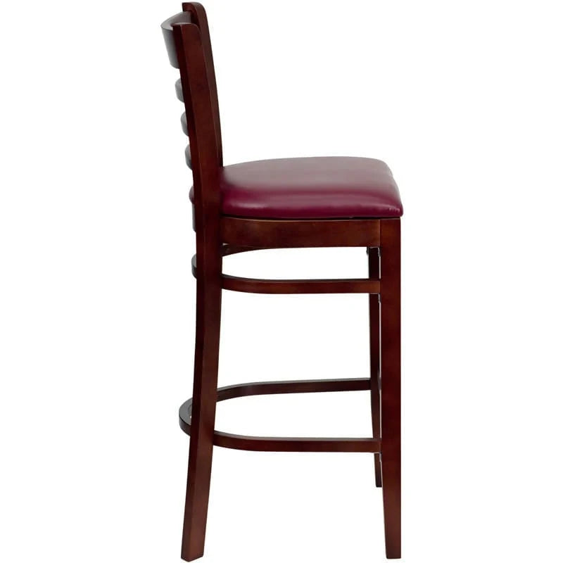 HERCULES Series Ladder Back Mahogany Wood Restaurant Barstool - Black Vinyl Seat [XU-DGW0005BARLAD-MAH-BLKV-GG] Pie's Variety Store