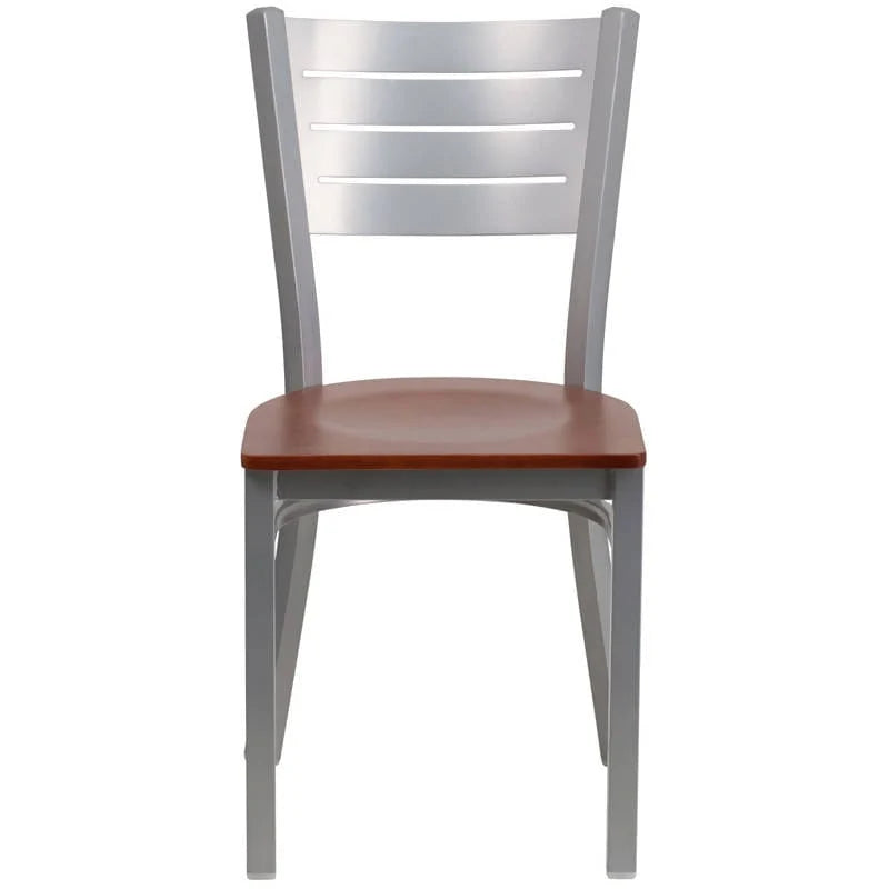 HERCULES Series Silver Slat Back Metal Restaurant Chair - Cherry Wood Seat [XU-DG-60401-CHYW-GG] Pie's Variety Store