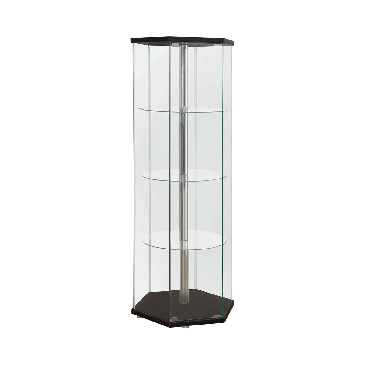 4-Shelf Hexagon Shaped Curio Cabinet Black And Clear Display favorite decor on a trio of round glass shelves.- 950276 Pie's Variety Store