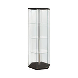 4-Shelf Hexagon Shaped Curio Cabinet Black And Clear Display favorite decor on a trio of round glass shelves.- 950276 Pie's Variety Store