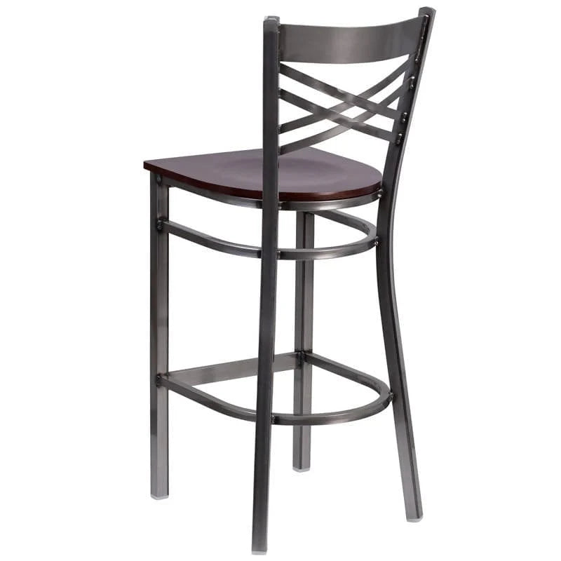 HERCULES Series Clear Coated ''X'' Back Metal Restaurant Barstool - Cherry Wood Seat [XU-6F8B-CLR-BAR-CHYW-GG] Pie's Variety Store