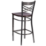HERCULES Series Clear Coated ''X'' Back Metal Restaurant Barstool - Cherry Wood Seat [XU-6F8B-CLR-BAR-CHYW-GG] Pie's Variety Store