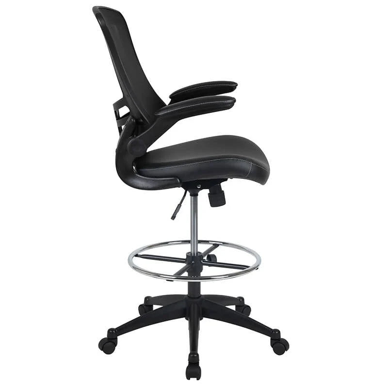 Mid-Back Black Mesh Ergonomic Drafting Chair with LeatherSoft Seat