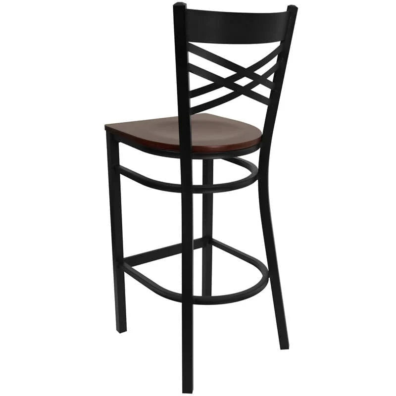 HERCULES Series Black ''X'' Back Metal Restaurant Barstool - Cherry Wood Seat [XU-6F8BXBK-BAR-CHYW-GG] Pie's Variety Store