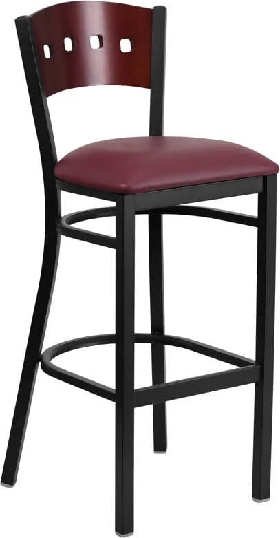 HERCULES Series Black 4 Square Back Metal Restaurant Barstool - Mahogany Wood Back